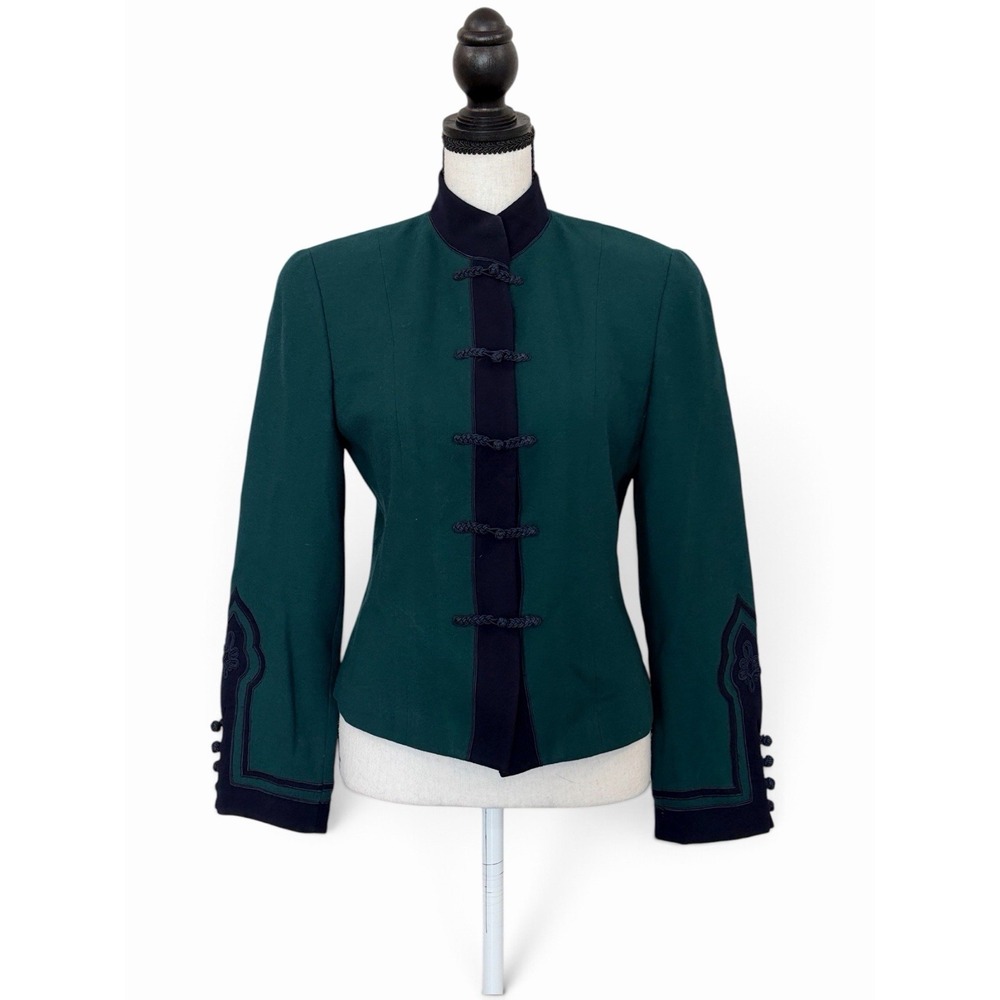 VTG Linda Allard Ellen Tracy Green & Navy Wool Crop Jacket Soutache Frog Knot 2P